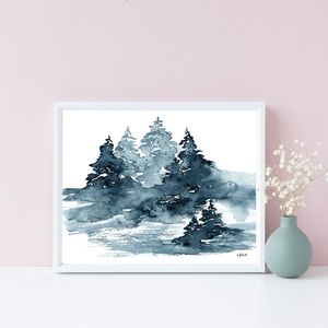 Artisan Blue Winter Tree Watercolor Art Print 8x10 Inches